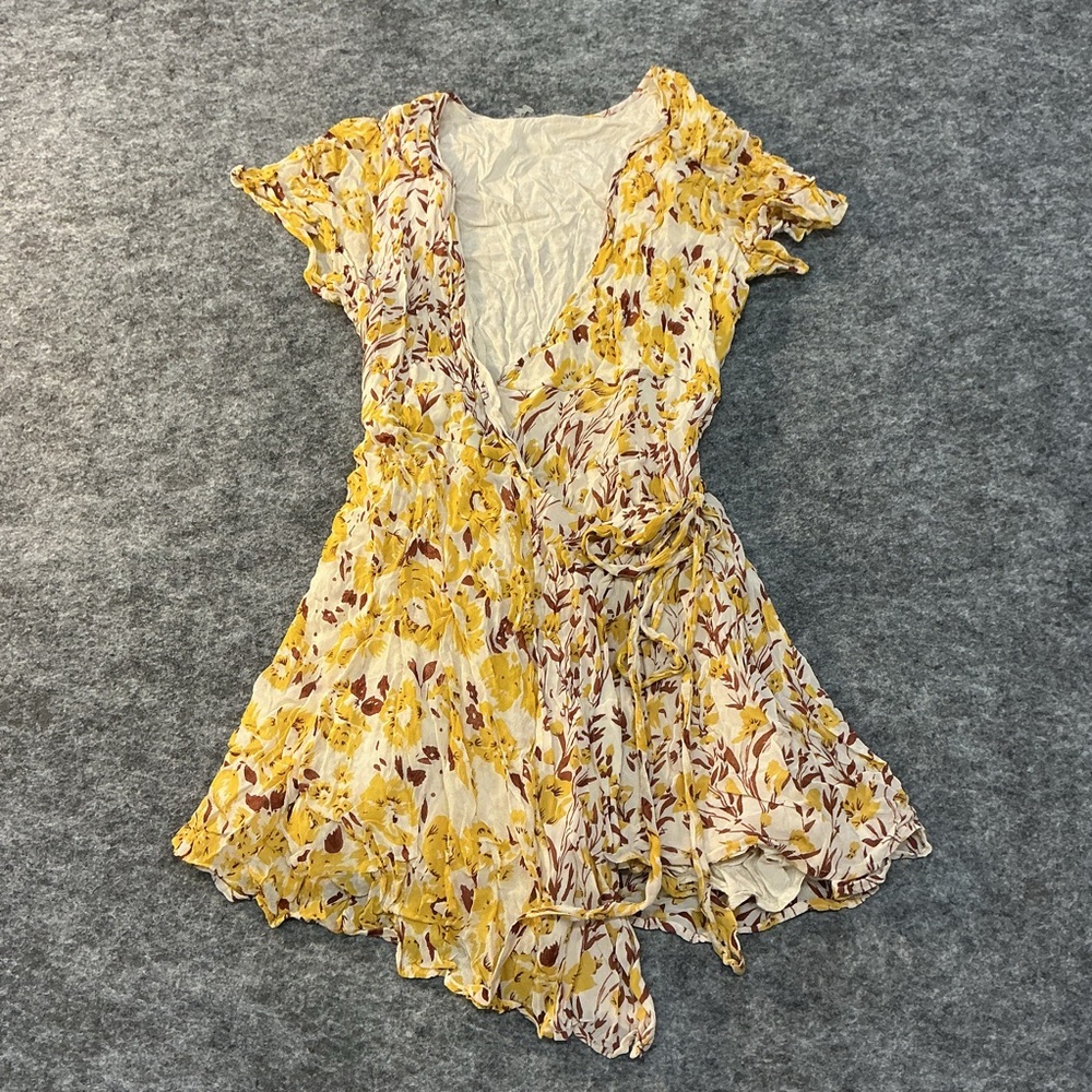 Chan Luu Yellow and Brown Floral Flowy Wrap Mini Dress PPP
